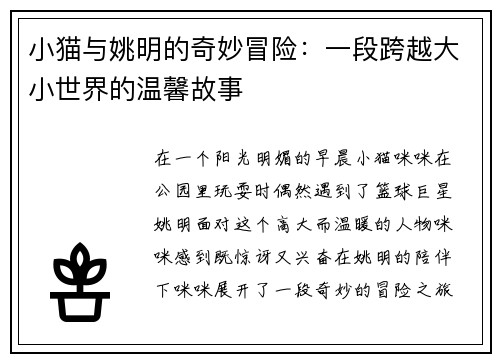 小猫与姚明的奇妙冒险：一段跨越大小世界的温馨故事